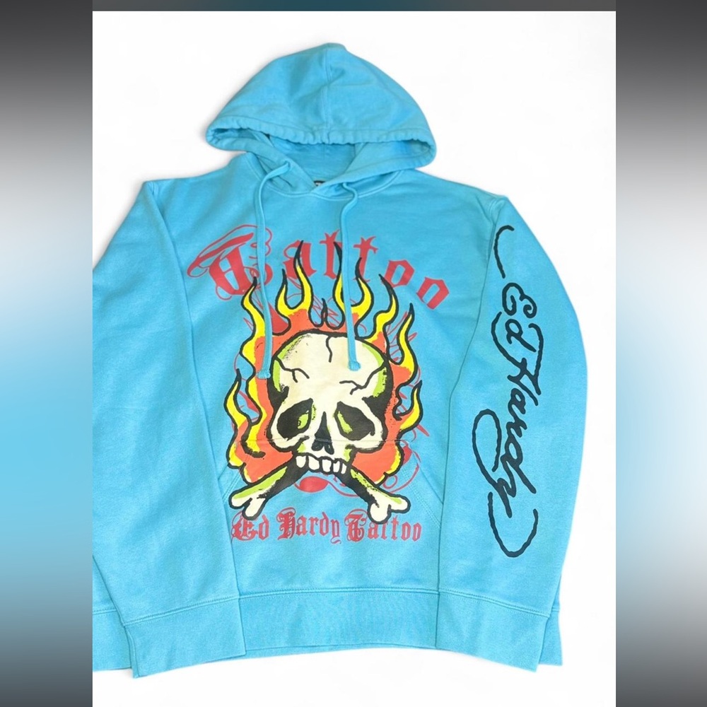 Ed Hardy Light Blue Skull Graphic Sweater